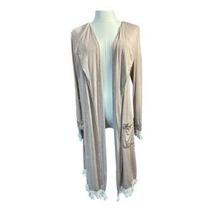 POL Small Western Peasant BOHO Embroidered Fringe Trim Duster Kimono Cardigan